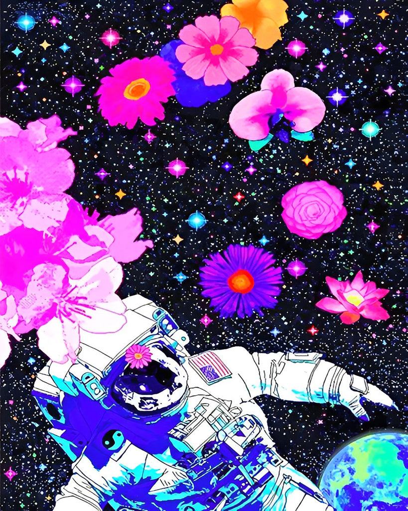 Astronaut, Blumen und Sternenhimmel Malen nach Zahlen