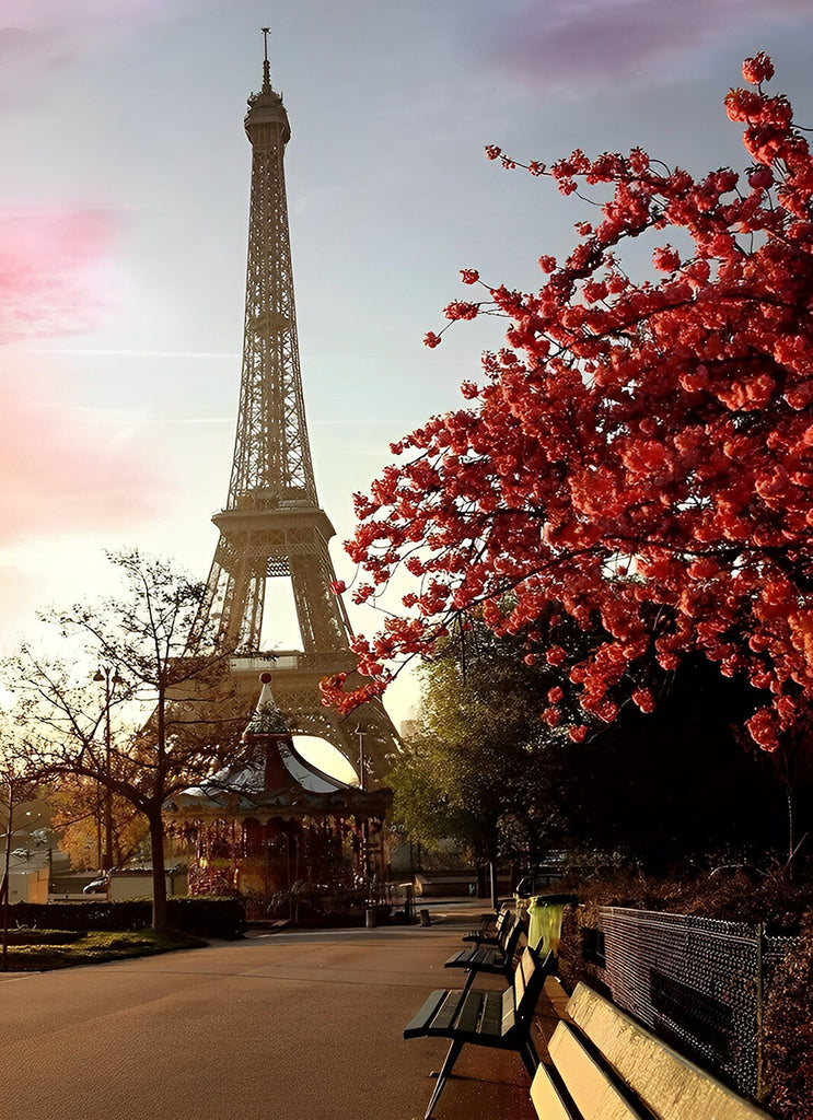 Bänke, Blumen und Eiffelturm Malen nach Zahlen