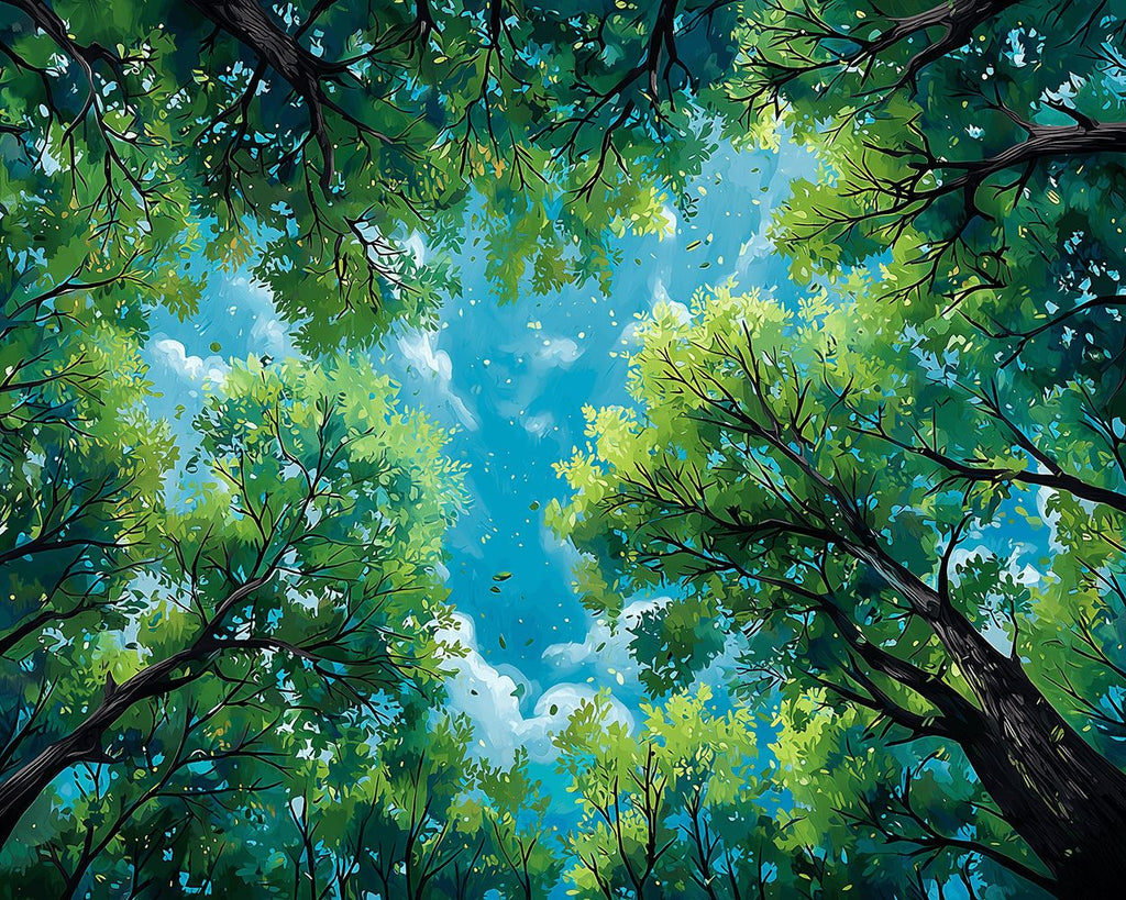 Baumkronen unter blauem Himmel Malen nach Zahlen
