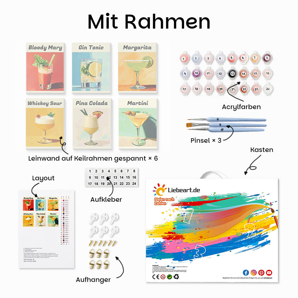 Beliebte Cocktails 6 Stück Mini Malen nach Zahlen