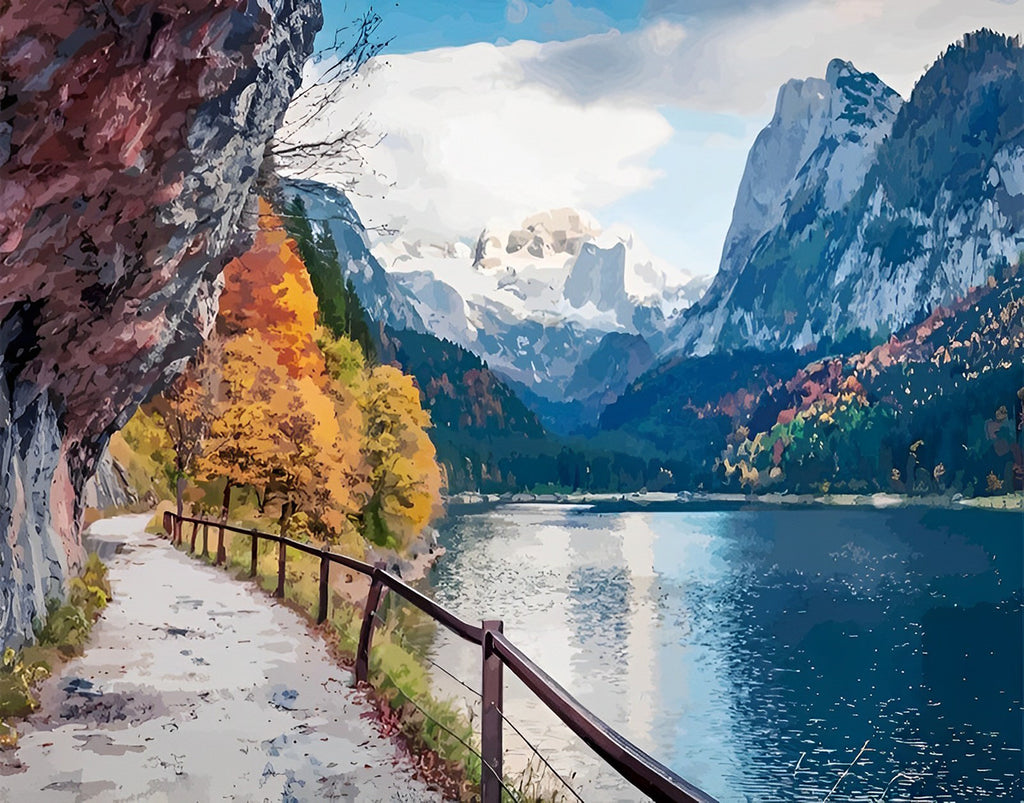 Berg, Pfad und See im Herbst Malen nach Zahlen