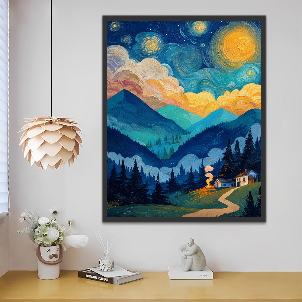 Berge in der sternenklaren Nacht Malen nach Zahlen