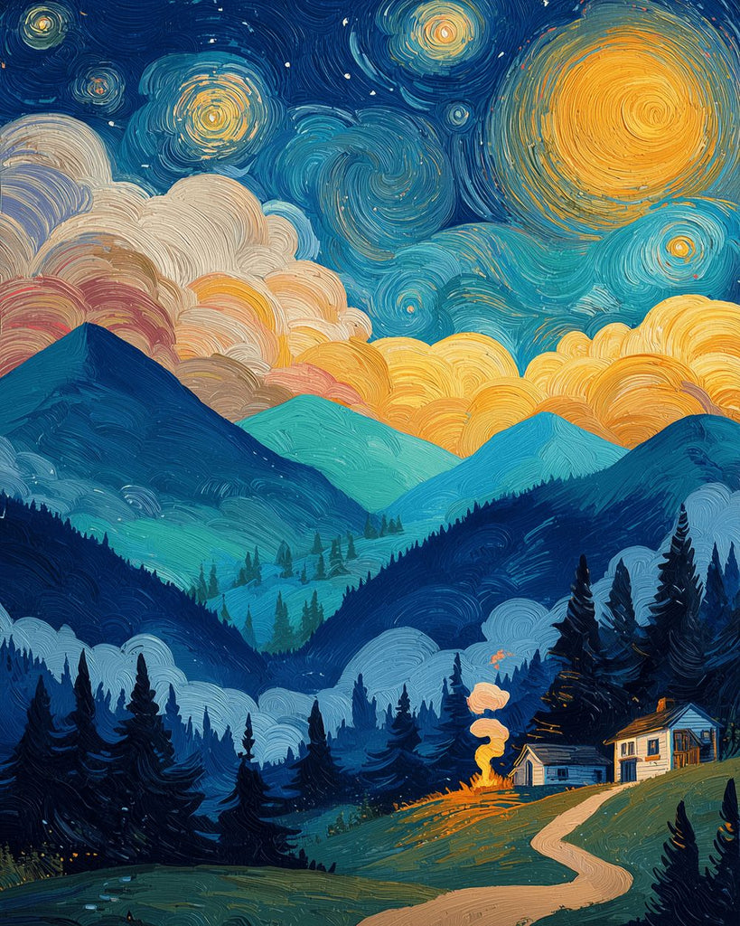 Berge in der sternenklaren Nacht Malen nach Zahlen