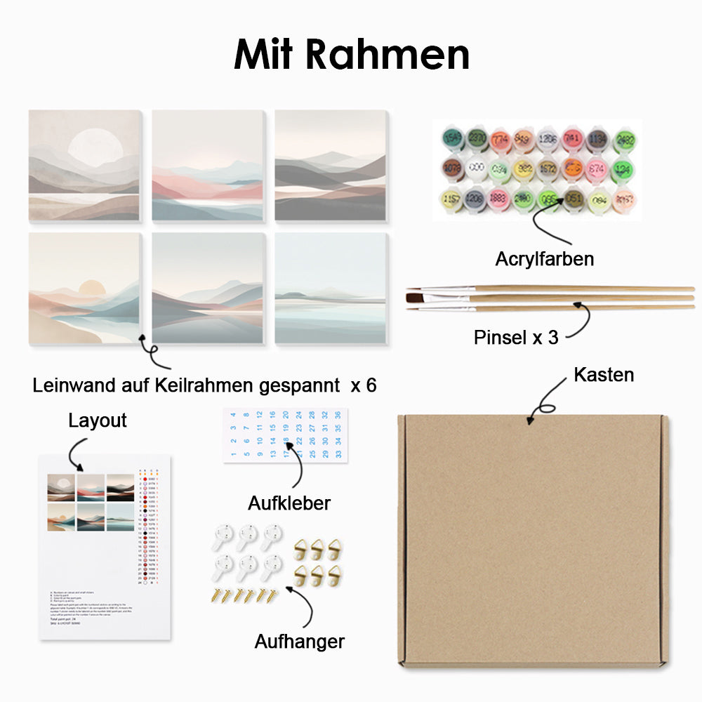 Berge, Meer und Aufgehende Sonne 6 Stück Mini Malen nach Zahlen