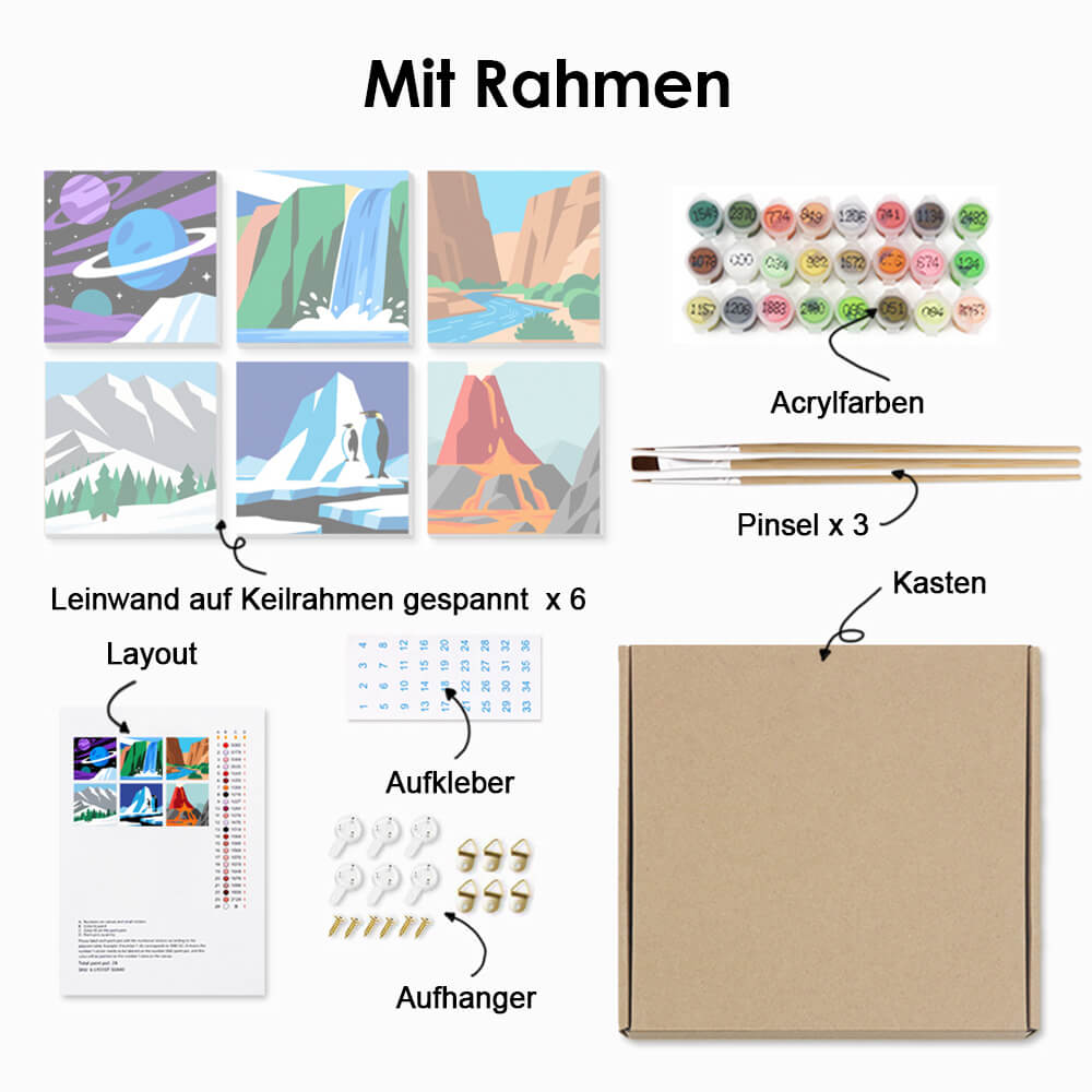 Berge und Wasserfall 6 Stück Mini Malen nach Zahlen