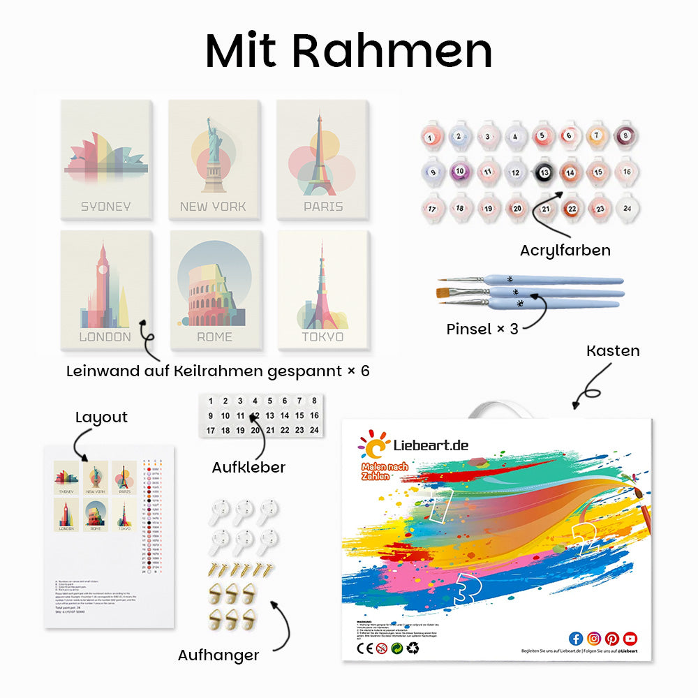 Berühmte Wahrzeichen der Stadt 6 Stück Mini Malen nach Zahlen