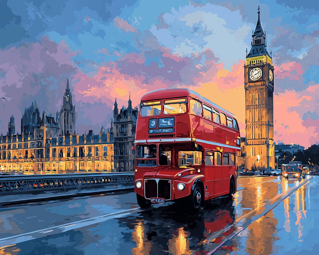Big Ben und roter Doppeldeckerbus bei Nacht Malen nach Zahlen
