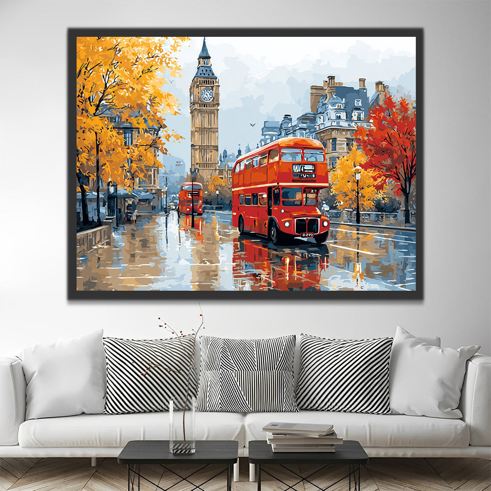 Big Ben und roter Doppeldeckerbus im Regen Malen nach Zahlen