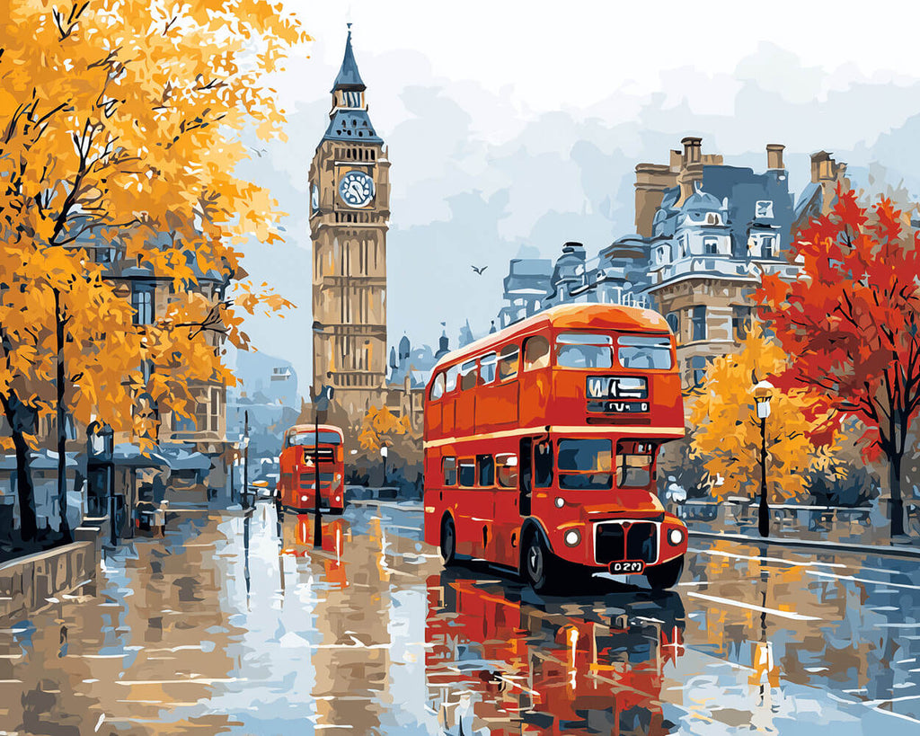 Big Ben und roter Doppeldeckerbus im Regen Malen nach Zahlen