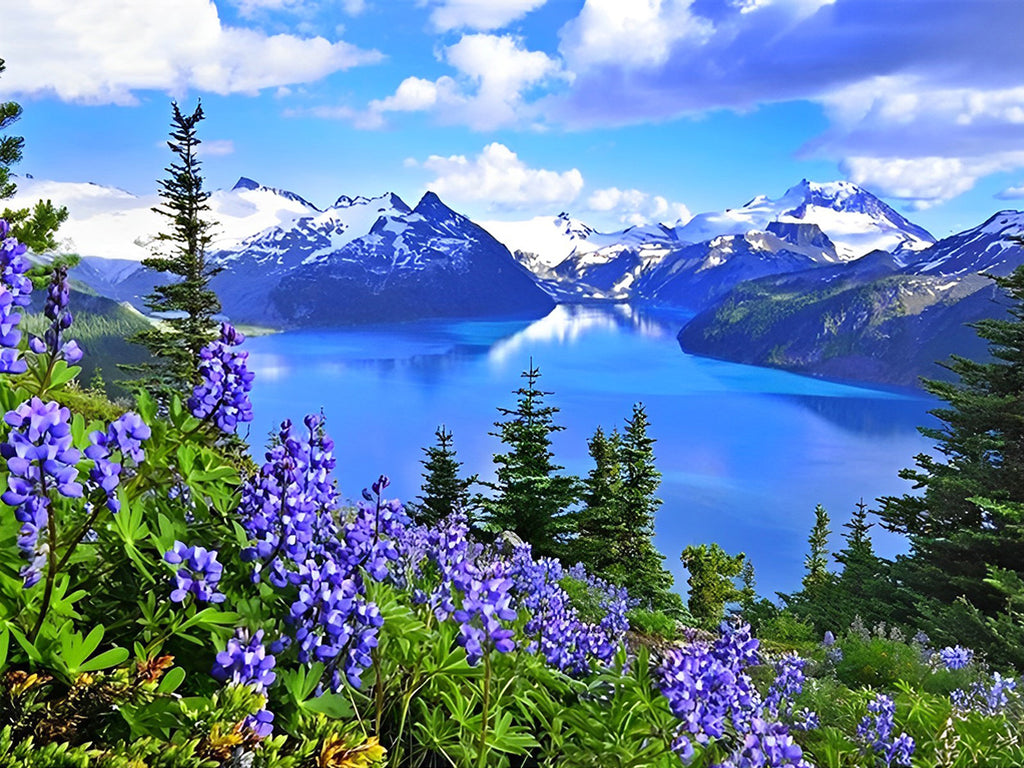 Blaue Berge und lila Blumen Malen nach Zahlen