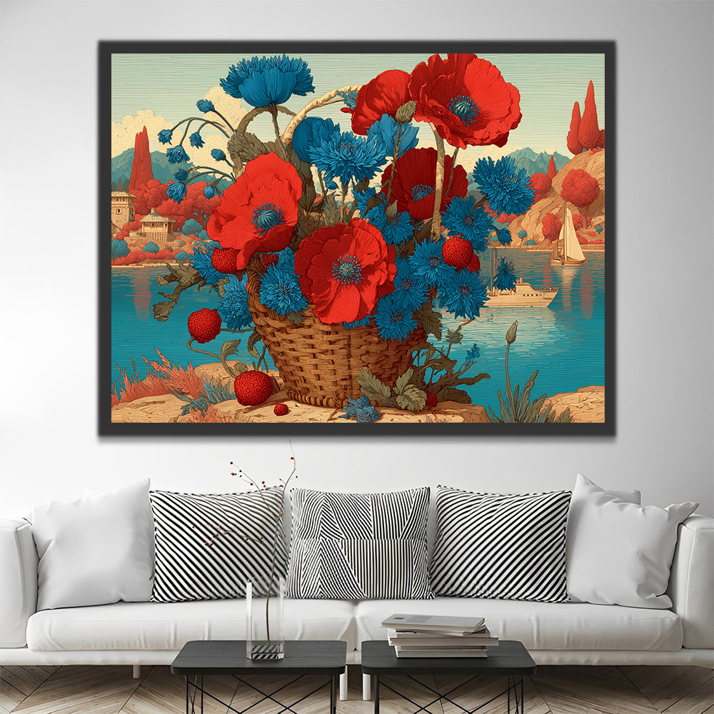 Blaue Chrysanthemen und rote Mohnblumen in einem Korb am See Malen nach Zahlen