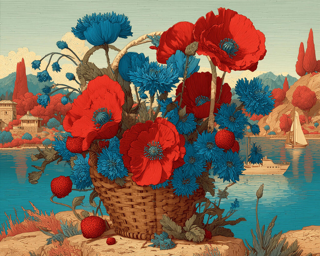 Blaue Chrysanthemen und rote Mohnblumen in einem Korb am See Malen nach Zahlen