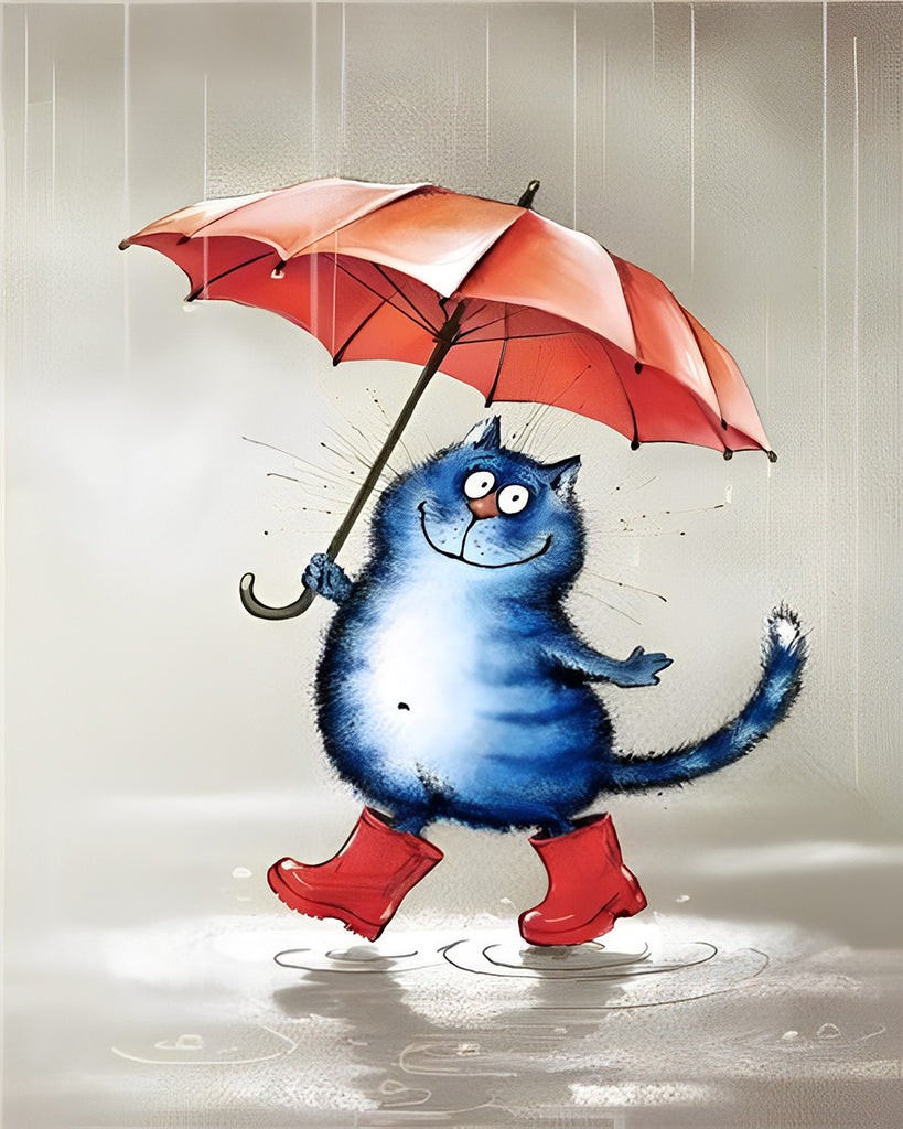 Blaue Katze mit rotem Regenschirm Malen nach Zahlen