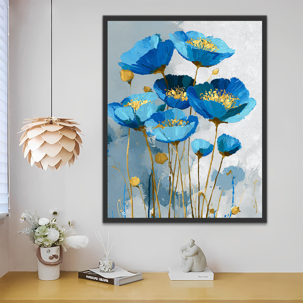 Blaue Mohnblumen mit goldenen Staubgefäßen Malen nach Zahlen