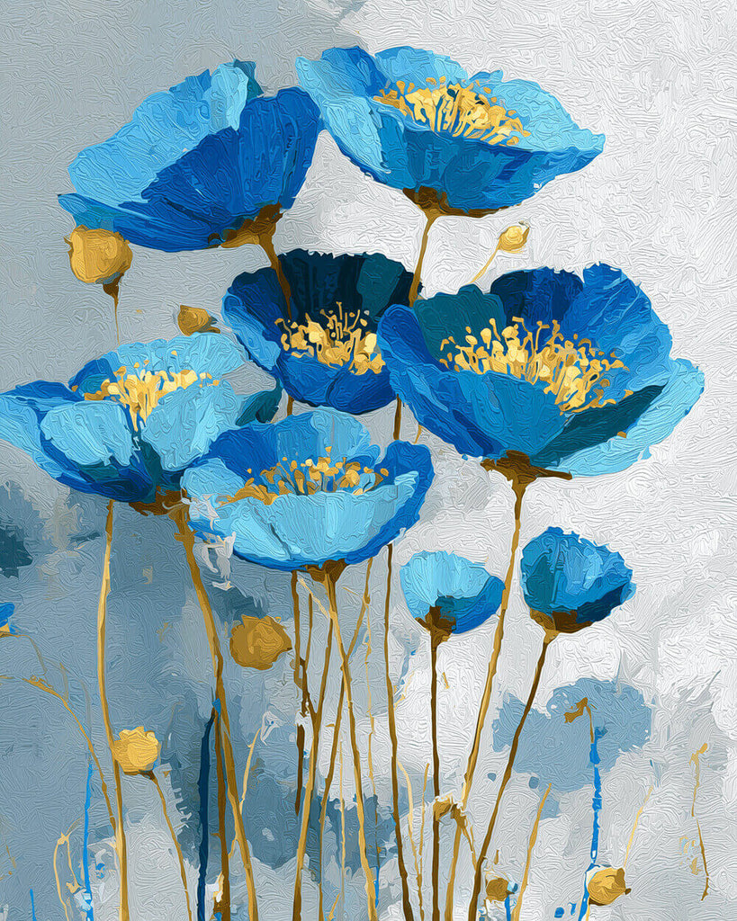 Blaue Mohnblumen mit goldenen Staubgefäßen Malen nach Zahlen
