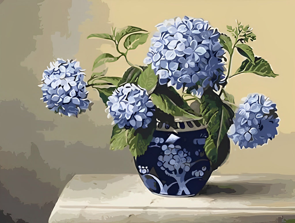 Blaue Porzellanvase mit blauen Hortensien Malen nach Zahlen