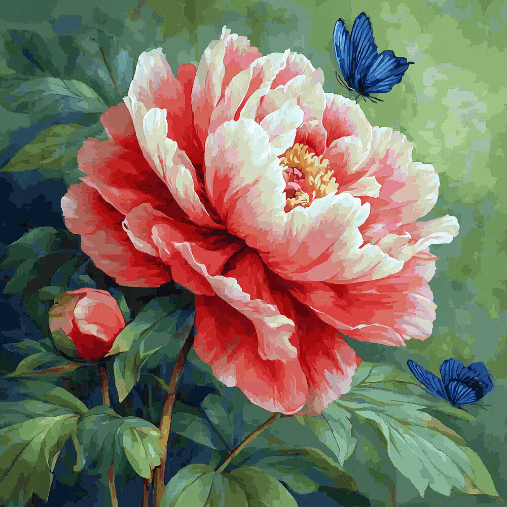 Blaue Schmetterlinge fliegen zu rosa Pfingstrose Malen nach Zahlen