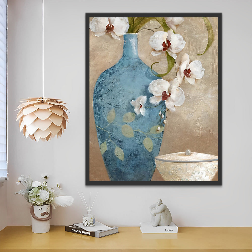 Blaue Vase mit weißen Blumen Malen nach Zahlen