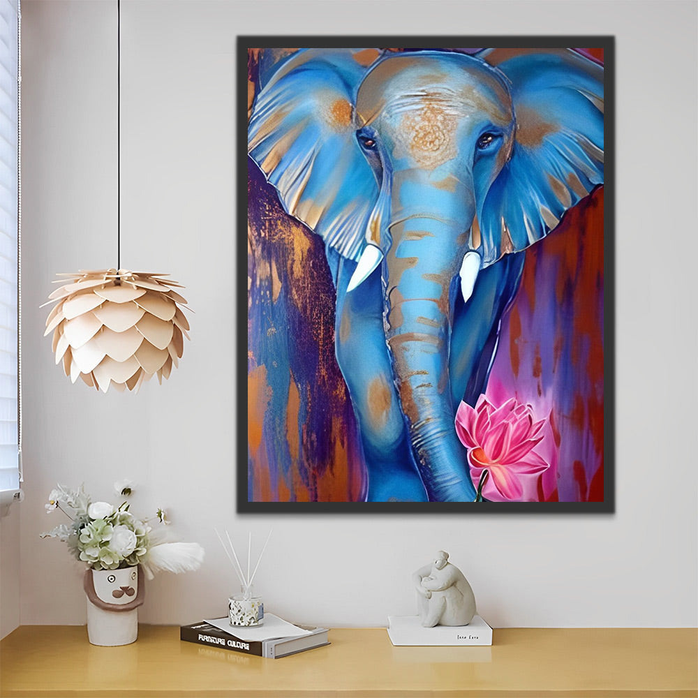 Blauer Elefant mit rosa Lotusblume Malen nach Zahlen