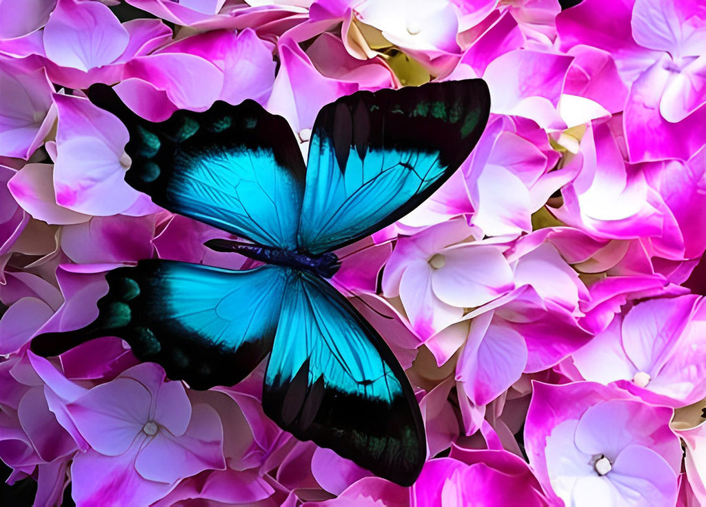 Blauer Schmetterling mit rosa Blumen Malen nach Zahlen