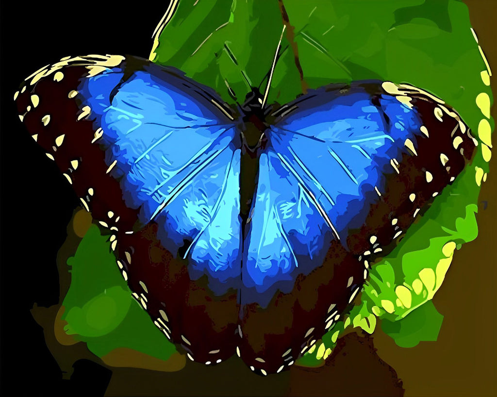 Blauer Schmetterling und grünes Blatt Malen nach Zahlen