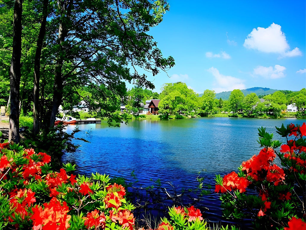 Blauer See und rote Blumen Malen nach Zahlen