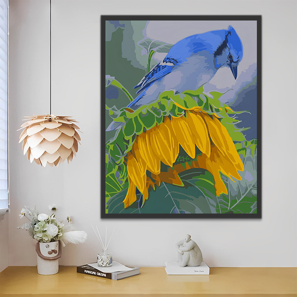 Blauer Vogel auf der Sonnenblume Malen nach Zahlen