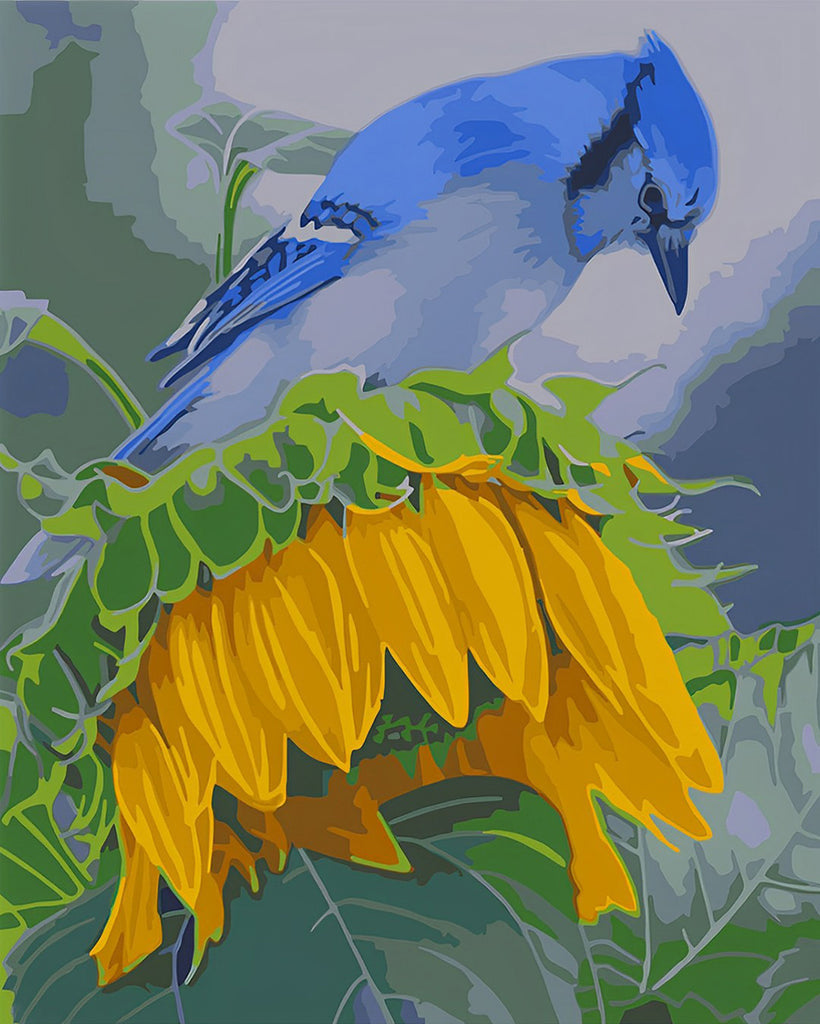 Blauer Vogel auf der Sonnenblume Malen nach Zahlen