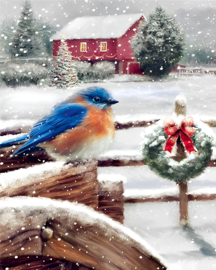 Blauer Vogel im Schnee an Weihnachten Malen nach Zahlen