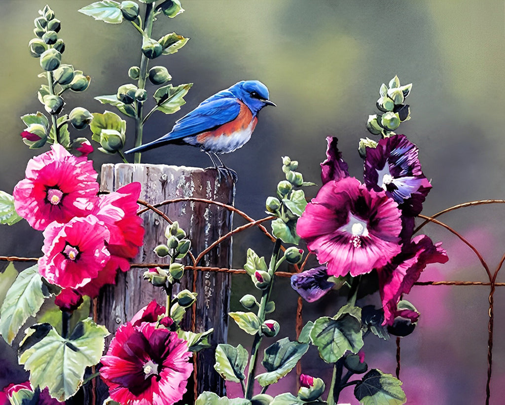 Blauer Vogel und rosa Blumen Malen nach Zahlen