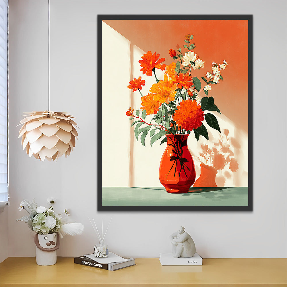 Blühende Chrysanthemen in oranger Vase Malen nach Zahlen