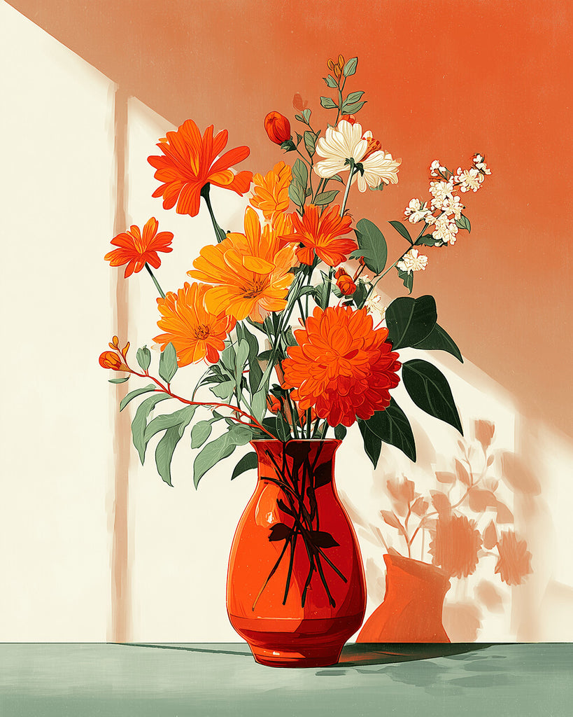 Blühende Chrysanthemen in oranger Vase Malen nach Zahlen