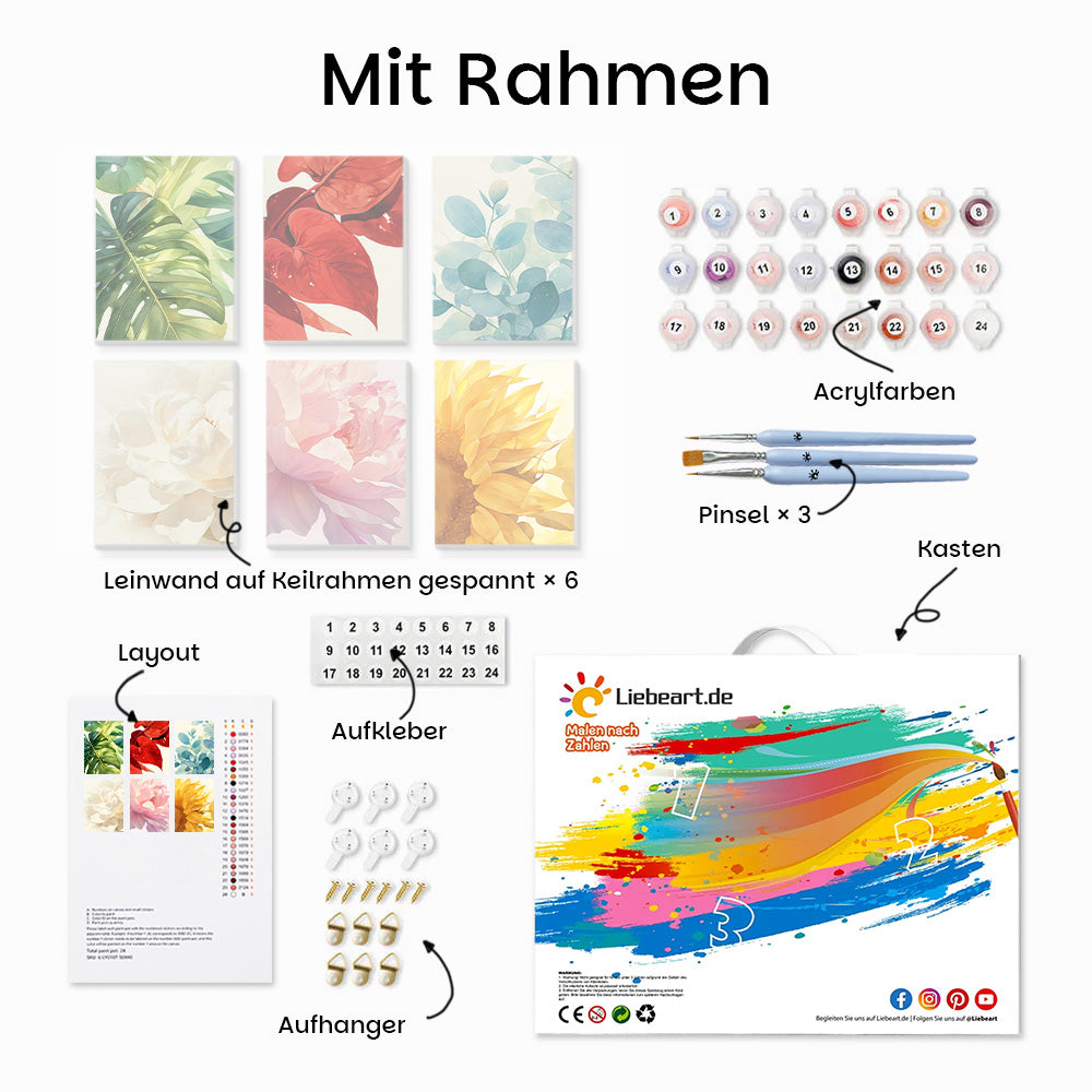 Blühende Blumen und buntes Laub 6 Stück Mini Malen nach Zahlen
