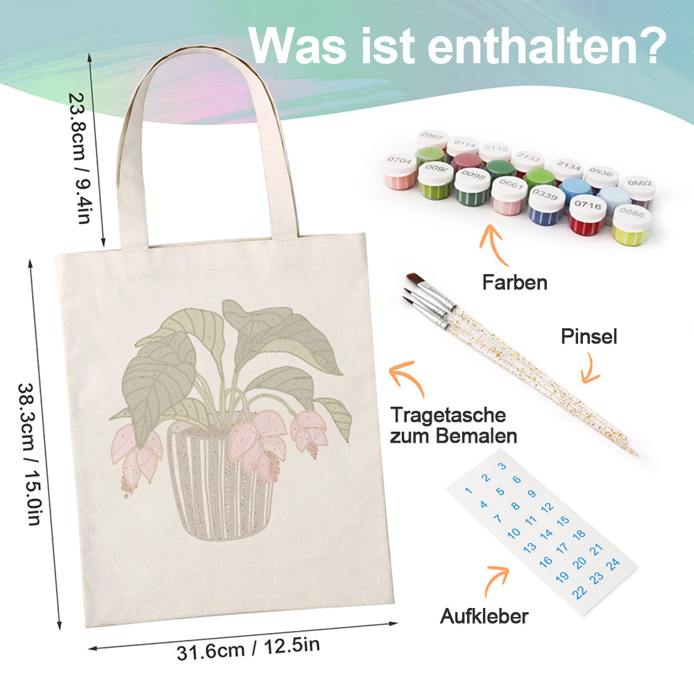 Blumen und Blätter in Glasvase Leinwand Tragetasche Malen nach Zahlen
