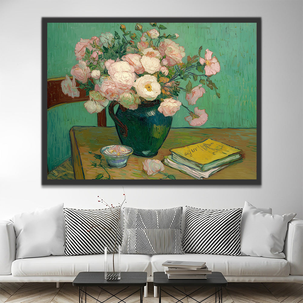 Blumen und Buch im Stil von Van Gogh Malen nach Zahlen