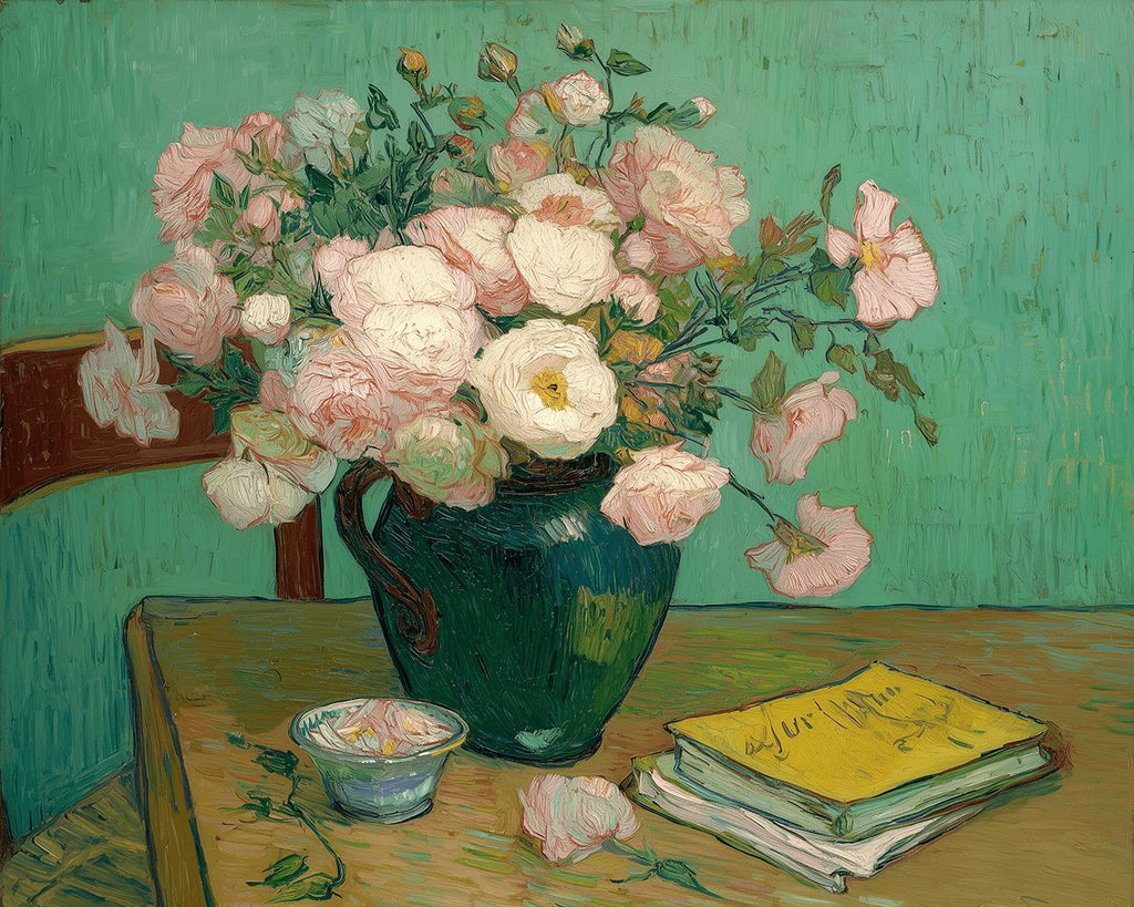 Blumen und Buch im Stil von Van Gogh Malen nach Zahlen