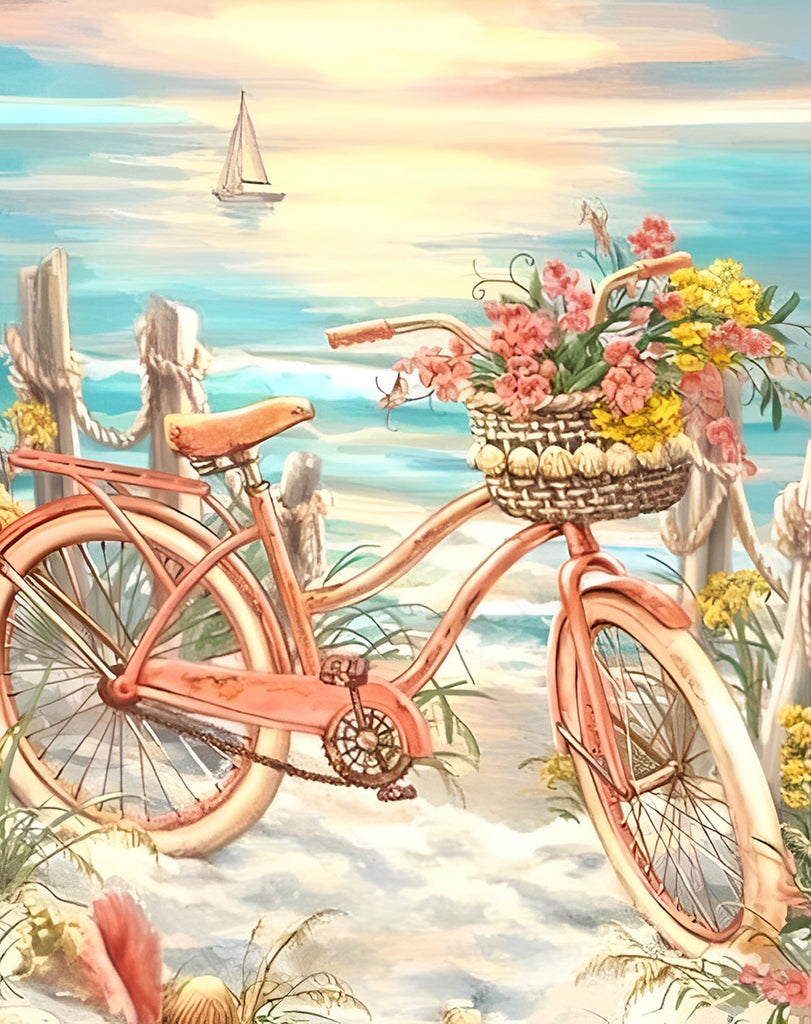 Blumen und Fahrrad am Meer Malen nach Zahlen