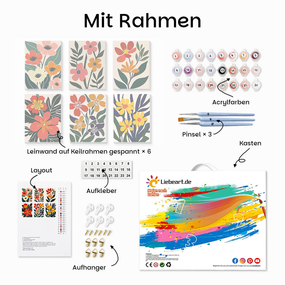 Blumen und grüne Blätter 6 Stück Mini Malen nach Zahlen
