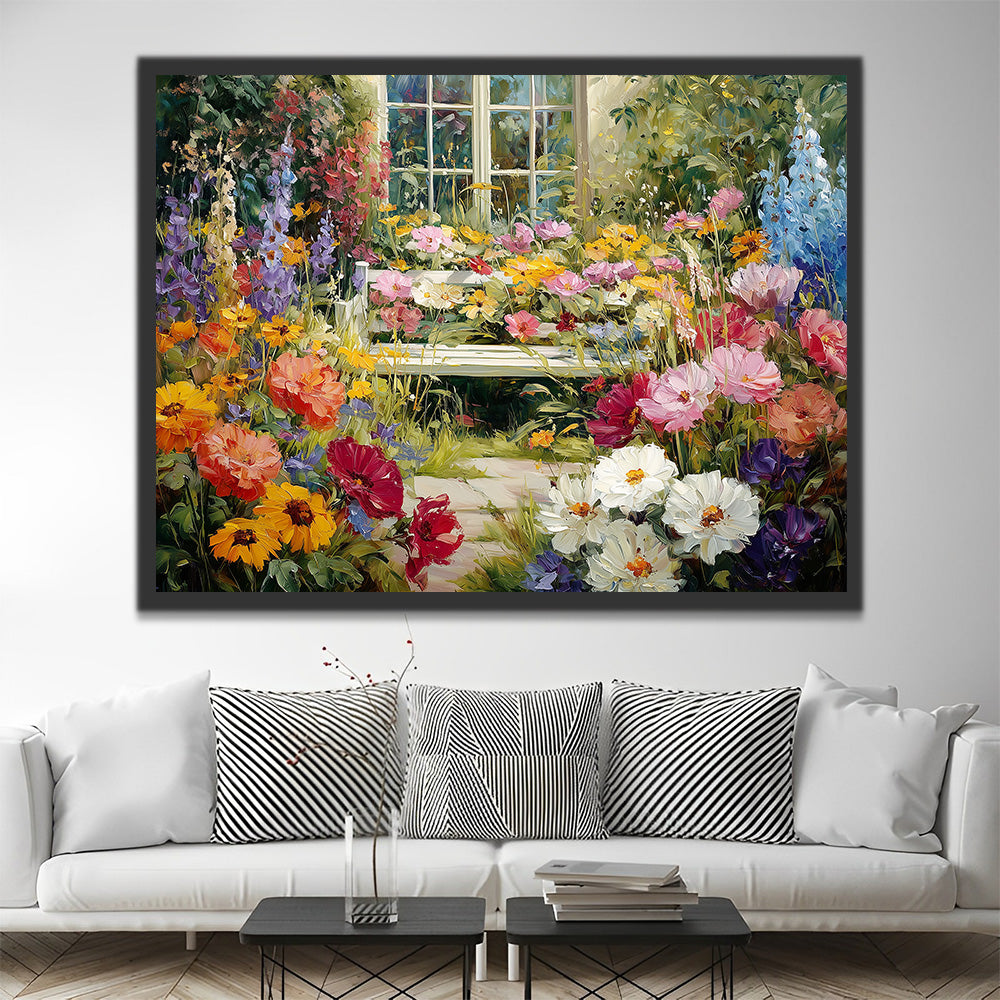 Blumenmeer vor dem weißen Fenster Malen nach Zahlen
