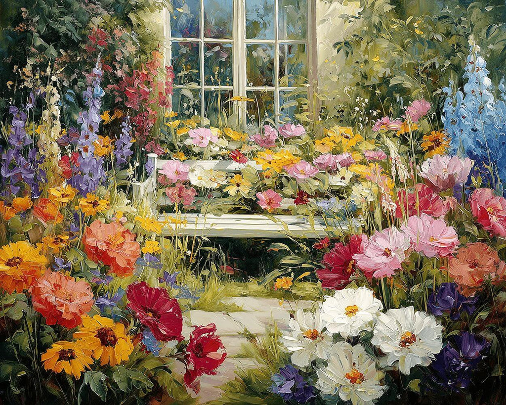 Blumenmeer vor dem weißen Fenster Malen nach Zahlen
