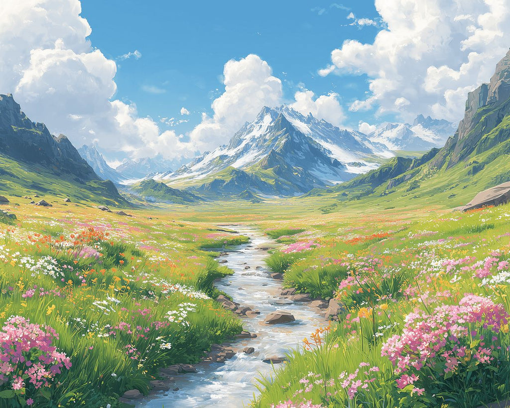 Blumenreiche Wiesen und ein Bach am Fuße des Berges Malen nach Zahlen