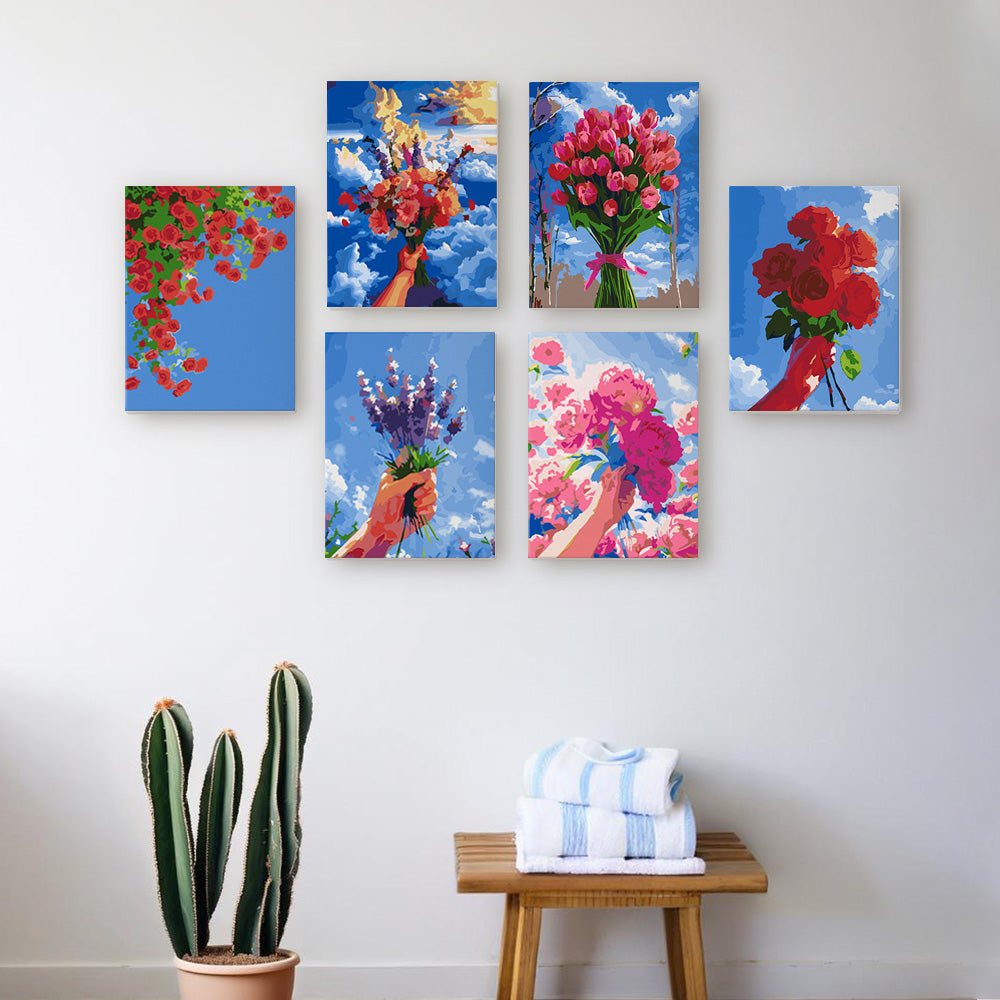 Blumensträuße unter blauem Himmel 6 Stück Mini Malen nach Zahlen