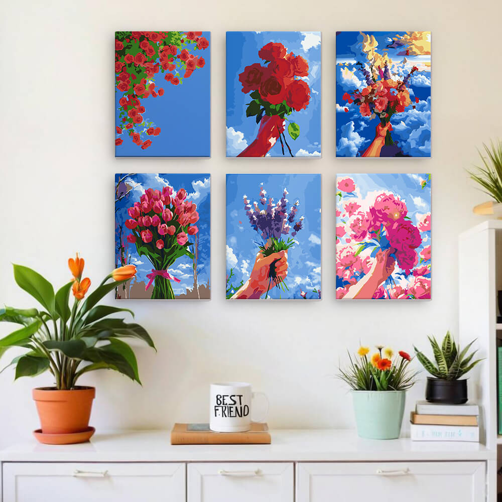 Blumensträuße unter blauem Himmel 6 Stück Mini Malen nach Zahlen