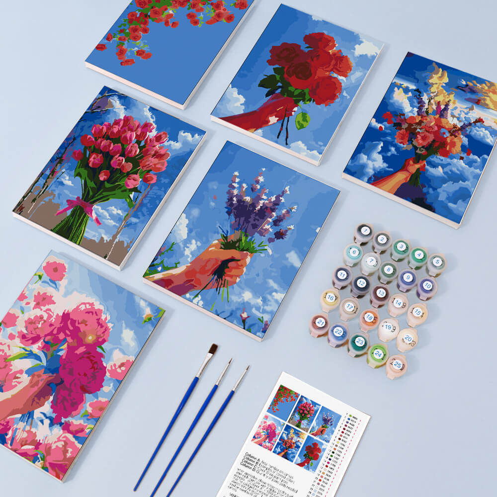 Blumensträuße unter blauem Himmel 6 Stück Mini Malen nach Zahlen