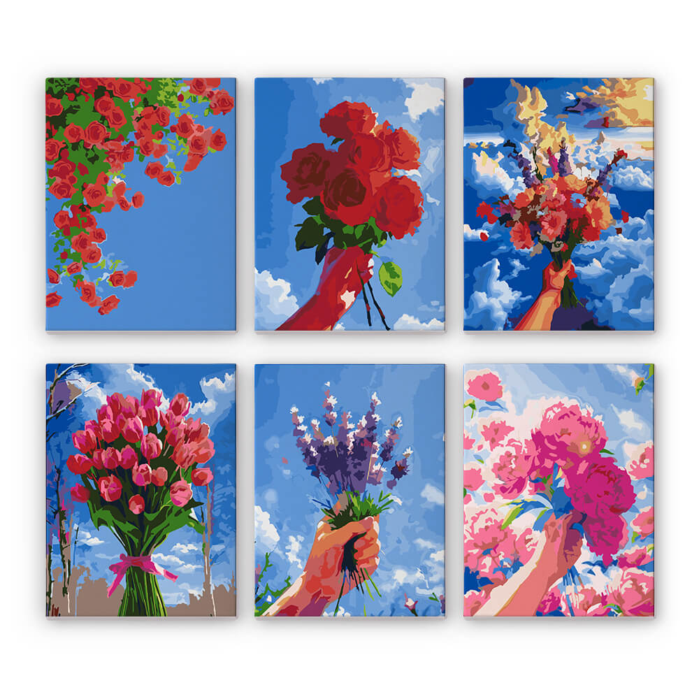 Blumensträuße unter blauem Himmel 6 Stück Mini Malen nach Zahlen