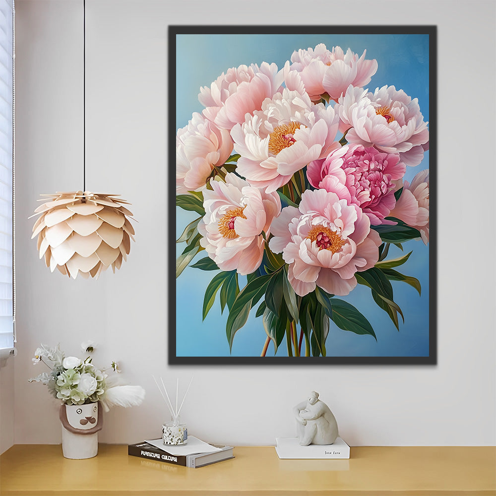 Blumenstrauß aus rosa Pfingstrosen mit grünen Blättern Malen nach Zahlen