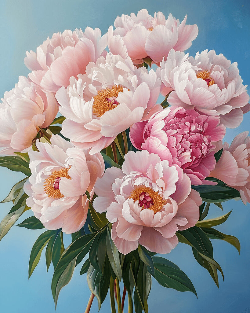 Blumenstrauß aus rosa Pfingstrosen mit grünen Blättern Malen nach Zahlen