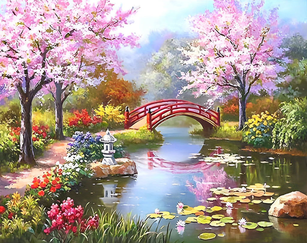 Bogenbrücke, Kirschblüten und Teich Malen nach Zahlen