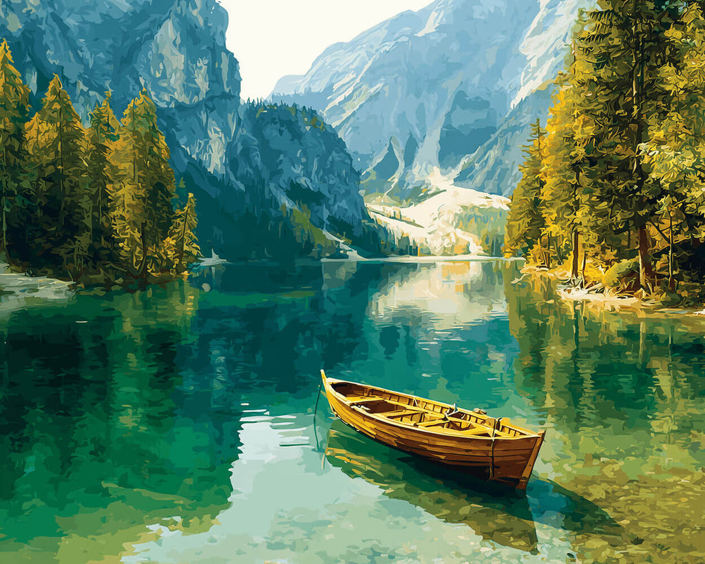 Boot auf dem See in den Bergen Malen nach Zahlen