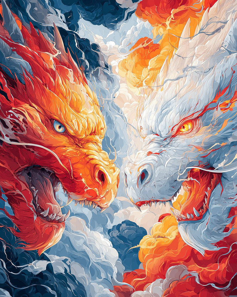 Brüllender Feuerdrache und Weißer Drache Malen nach Zahlen